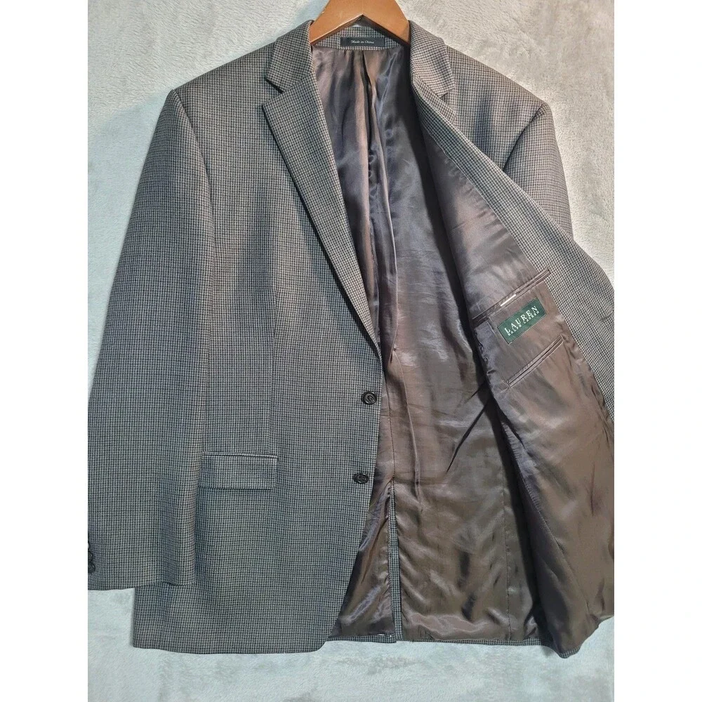Lauren Ralph Sport Coat Mens 46L Gray Check Wool Twill 2 Button Blazer Long